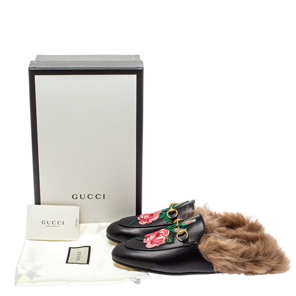 New Gucci Princetown Horsebit fur Mules Lined black Embroidered Flower size 35 - Picture 2 of 14